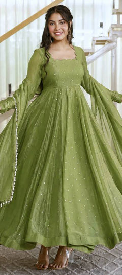 Green color Salwar Kameez in Silk fabric with Foil Print work