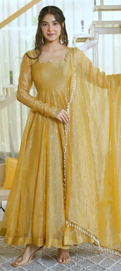 Yellow color Salwar Kameez in Silk fabric with Foil Print work