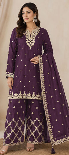Purple and Violet color Salwar Kameez in Chinon Silk fabric with Embroidered, Gota Patti, Sequence, Stone, Zari work