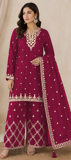 Pink and Majenta color Salwar Kameez in Chinon Silk fabric with Embroidered, Gota Patti, Sequence, Stone, Zari work