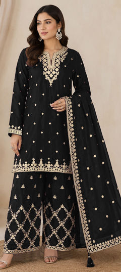 Black and Grey color Salwar Kameez in Chinon Silk fabric with Embroidered, Gota Patti, Sequence, Stone, Zari work