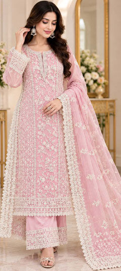 Pink and Majenta color Salwar Kameez in Net fabric with Embroidered, Stone work
