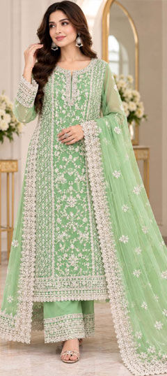 Green color Salwar Kameez in Net fabric with Embroidered, Stone work