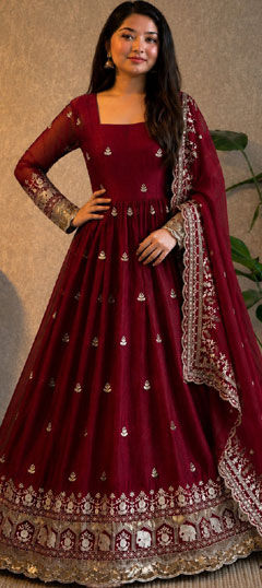 Red and Maroon color Gown in Satin fabric with Embroidered, Sequence, Zari work