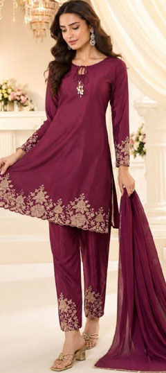Red and Maroon color Salwar Kameez in Cotton fabric with Embroidered, Sequence work
