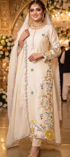White and Off White color Salwar Kameez in Roman fabric with Embroidered, Sequence work