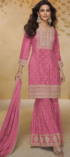 Pink and Majenta color Salwar Kameez in Chinon Silk fabric with Embroidered, Sequence work
