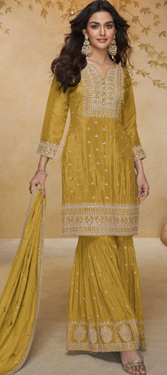 Yellow color Salwar Kameez in Chinon Silk fabric with Embroidered, Sequence work