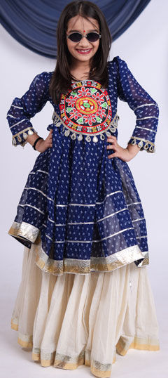 Blue color Kids Lehenga in Cotton fabric with Bandhej work