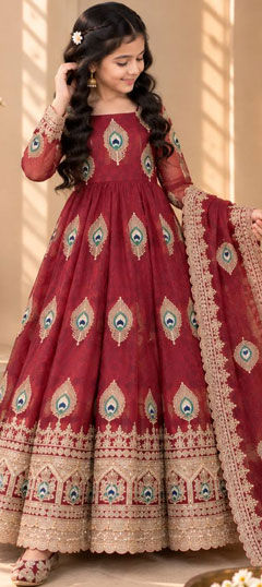Red and Maroon color Kids Salwar in Tissue fabric with Embroidered, Sequence, Thread, Zari work