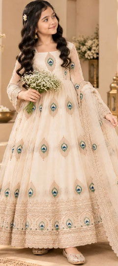 White and Off White color Kids Salwar in Tissue fabric with Embroidered, Sequence, Thread, Zari work