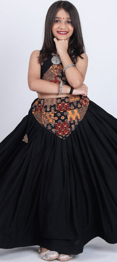 Black and Grey color Kids Lehenga in Rayon fabric with Block Print work