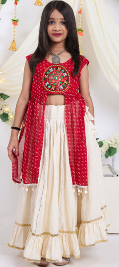 Red and Maroon color Kids Lehenga in Cotton fabric with Bandhej work