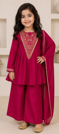 Pink and Majenta color Kids Salwar in Satin fabric with Embroidered work