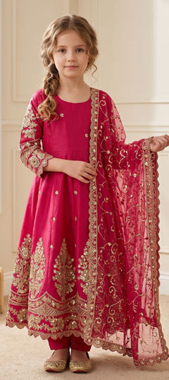 Pink and Majenta color Kids Salwar in Shimmer fabric with Embroidered, Sequence work