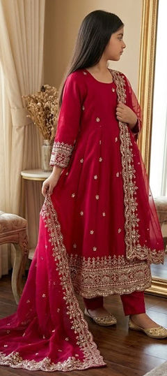 Pink and Majenta color Kids Salwar in Tissue fabric with Embroidered, Sequence work