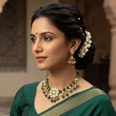Gold Rodium Polish Green color Necklace in Metal Alloy studded with Kundan, Pearl