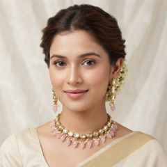 Gold Rodium Polish Pink and Majenta color Necklace in Metal Alloy studded with Kundan, Pearl