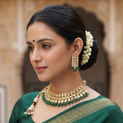 Gold Rodium Polish Green color Necklace in Metal Alloy studded with Kundan, Pearl