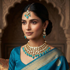 Gold Rodium Polish Blue color Necklace in Metal Alloy studded with Kundan