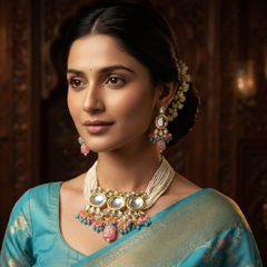 Gold Rodium Polish Multicolor color Necklace in Metal Alloy studded with Kundan