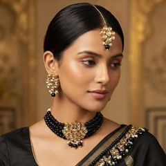 Gold Rodium Polish Black and Grey color Necklace in Metal Alloy studded with Kundan