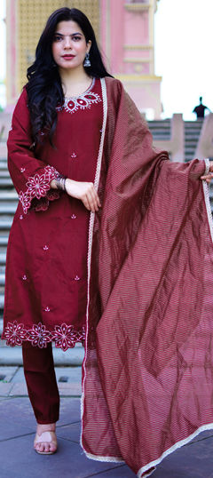 Red and Maroon color Salwar Kameez in Roman fabric with Embroidered, Mirror, Sequence work