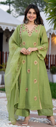 Green color Salwar Kameez in Crushed Silk fabric with Embroidered, Sequence work