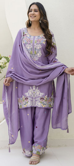 Purple and Violet color Salwar Kameez in Chinon Silk fabric with Embroidered, Zardozi work