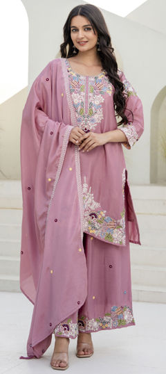 Pink and Majenta color Salwar Kameez in Chinon Silk fabric with Embroidered, Zardozi work