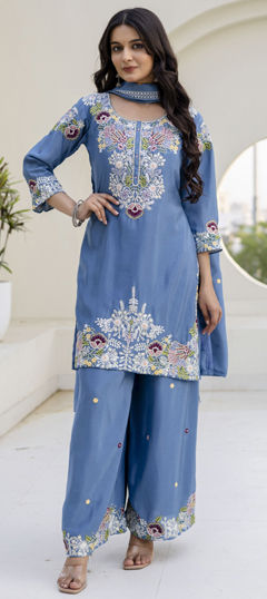 Blue color Salwar Kameez in Chinon Silk fabric with Embroidered, Zardozi work