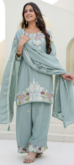 Blue color Salwar Kameez in Chinon Silk fabric with Embroidered, Zardozi work