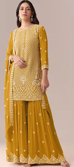 Yellow color Salwar Kameez in Faux Georgette fabric with Bugle Beads, Embroidered, Sequence, Thread work
