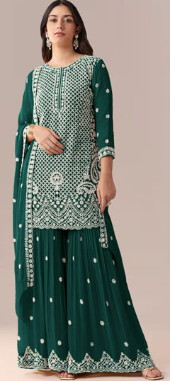 Green color Salwar Kameez in Faux Georgette fabric with Bugle Beads, Embroidered, Sequence, Thread work