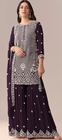 Purple and Violet color Salwar Kameez in Faux Georgette fabric with Bugle Beads, Embroidered, Sequence, Thread work
