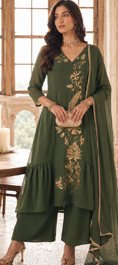 Green color Salwar Kameez in Mul Chanderi fabric with Embroidered, Sequence, Zari work