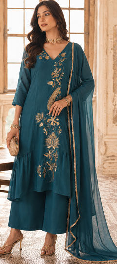 Blue color Salwar Kameez in Mul Chanderi fabric with Embroidered, Sequence, Zari work