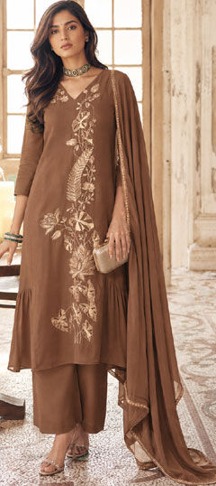 Beige and Brown color Salwar Kameez in Mul Chanderi fabric with Embroidered, Sequence, Zari work