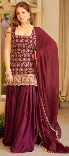 Red and Maroon color Salwar Kameez in Crepe Silk fabric with Printed work