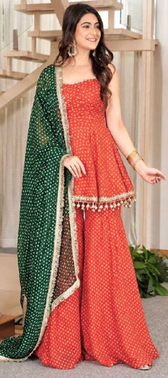 Red and Maroon color Salwar Kameez in Faux Georgette fabric with Bandhej, Lace, Printed work