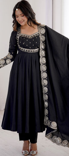 Black and Grey color Salwar Kameez in Roman Silk fabric with Embroidered, Sequence work