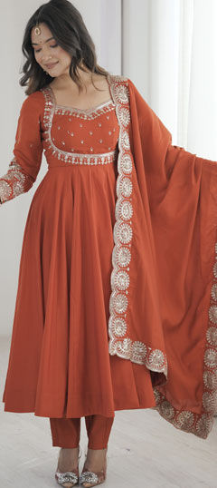 Beige and Brown color Salwar Kameez in Roman fabric with Embroidered, Sequence work