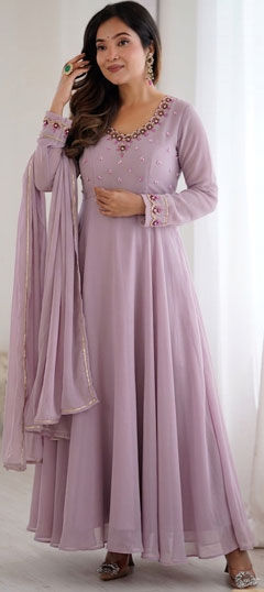 Purple and Violet color Salwar Kameez in Faux Georgette fabric with Bugle Beads, Thread work