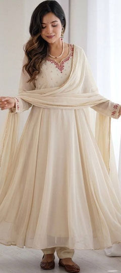 Beige and Brown color Salwar Kameez in Faux Georgette fabric with Bugle Beads, Thread work