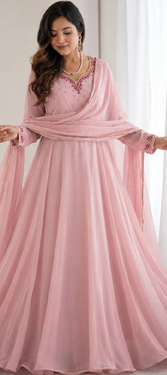 Pink and Majenta color Salwar Kameez in Faux Georgette fabric with Thread work