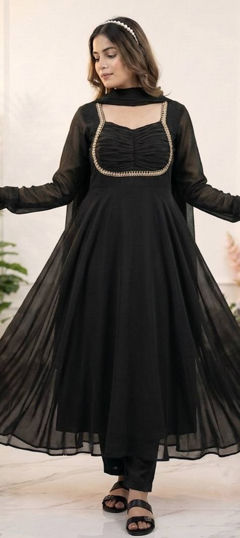Black and Grey color Salwar Kameez in Faux Georgette fabric with Lace work