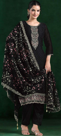 Black and Grey color Salwar Kameez in Chiffon fabric with Embroidered work