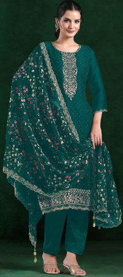 Green color Salwar Kameez in Chiffon fabric with Embroidered work