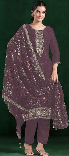 Purple and Violet color Salwar Kameez in Chiffon fabric with Embroidered work