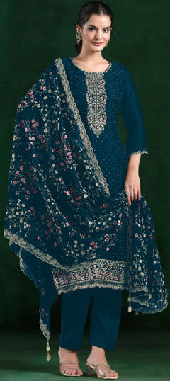 Blue color Salwar Kameez in Chiffon fabric with Embroidered work